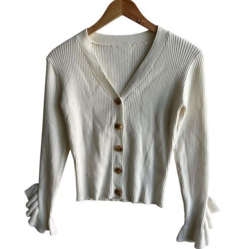 Shein Cropped Cardigan‎ White Ribbed Ruffle Coquette Girl